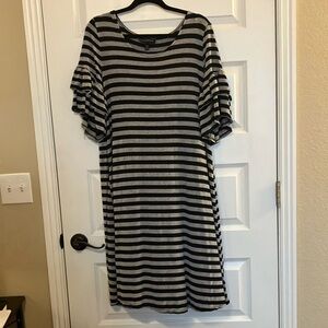 Lane Bryant Black and Gray Striped Midi Dress Ruffled Sleeves
